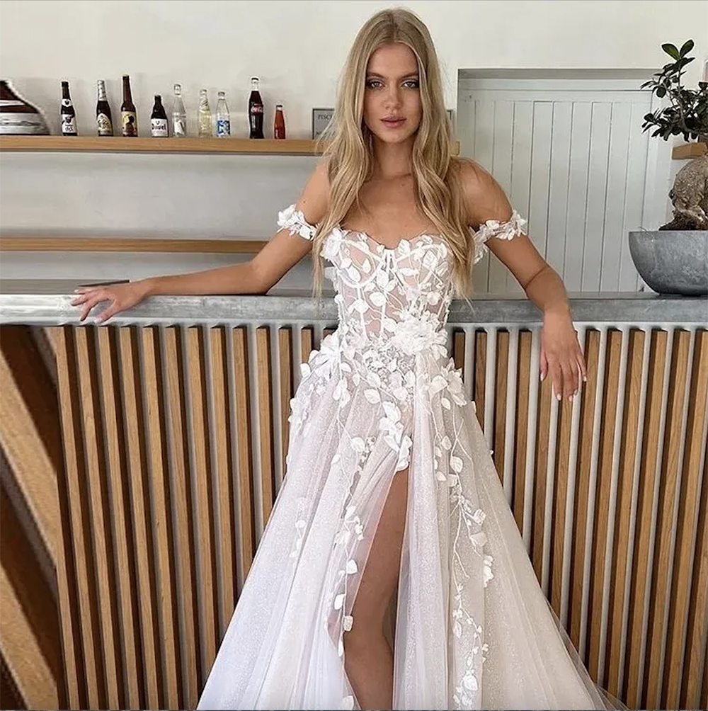 Bellissimi abiti da sposa country rustici in pizzo floreale a foglie Spalle scoperte sexy Alta spacco Boho Beach Abiti da sposa Maternità Tulle A Line Abiti da sposa