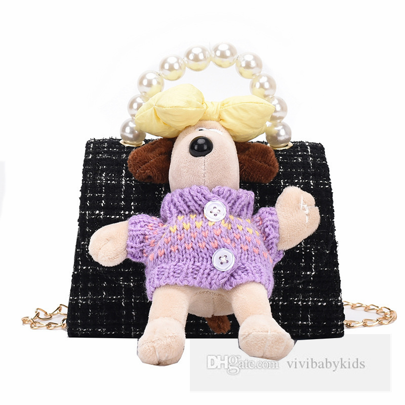Lady Style Children Plaid Woolen Pearls Chain Handväskor Girls Söta bågar Dog Applique Aingle Shoulder Bag Kids Cartoon Messenger Bags Z6112