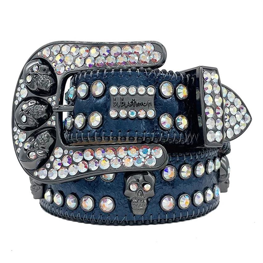 2023 Designer Bb Simon Skull Gürtel für Männer Frauen Glänzender Diamantgürtel Schwarz Blau Rot Mehrfarbig mit glitzernden Strasssteinen als Geburtstag 255B