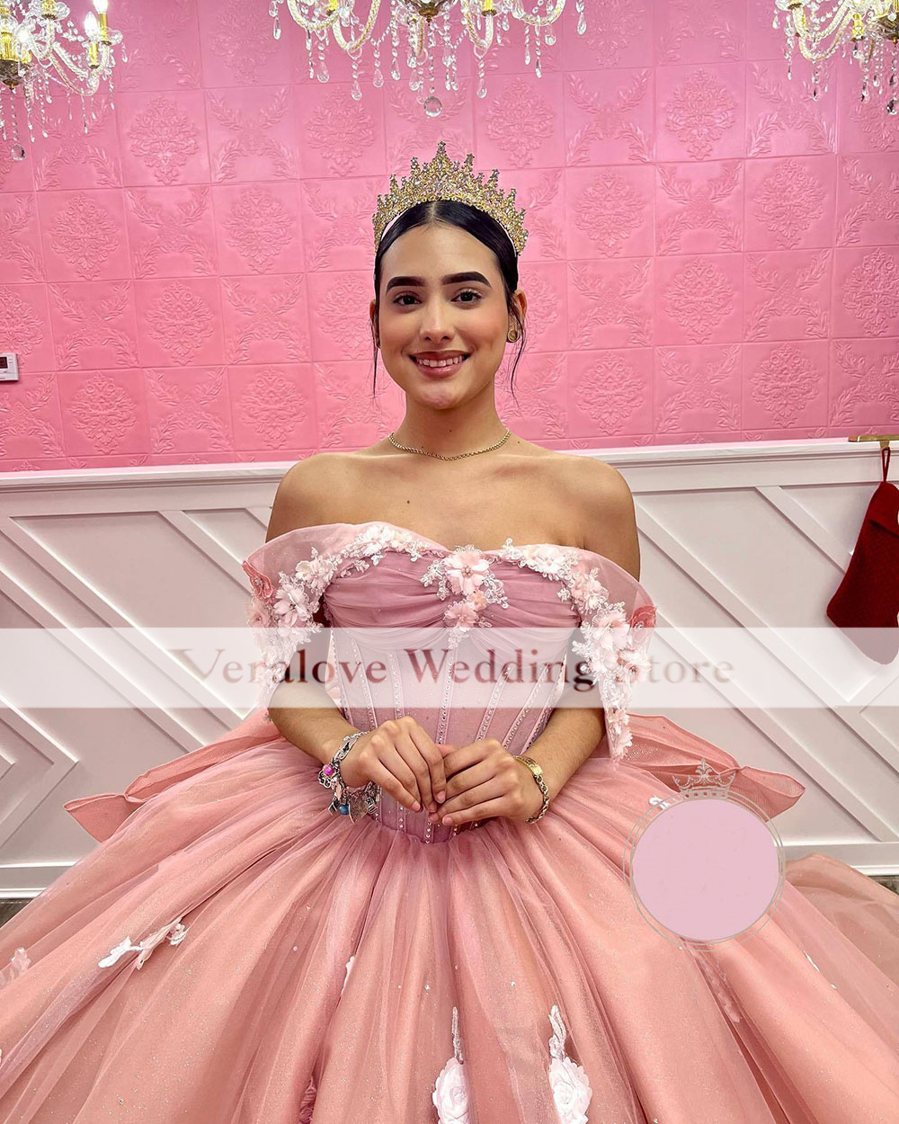 Vestidos De XV Anos Розовые платья Quinceanera с бантом 2024 с открытыми плечами и аппликациями с короткими рукавами Sweet 16 Пром платья