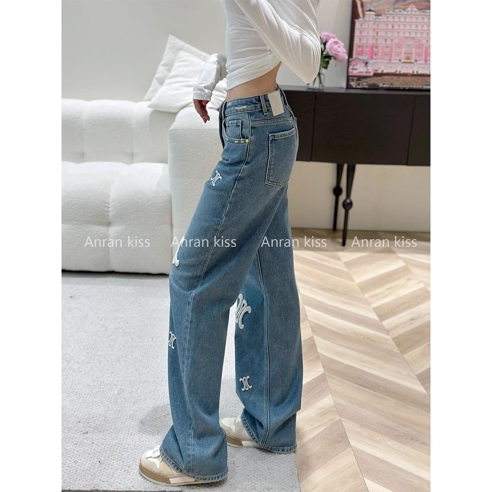 New design women's high waist loose logo embroidery wide leg loose denim jeans pants long trousers SMLXLXXL