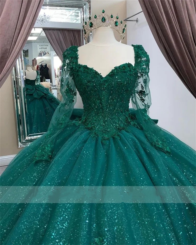 Green Princess Quinceanera Dresses With Bow Detachable Sleeves Lace Applique Beaded Ball Gown 16th Birthday Prom Corset Gown