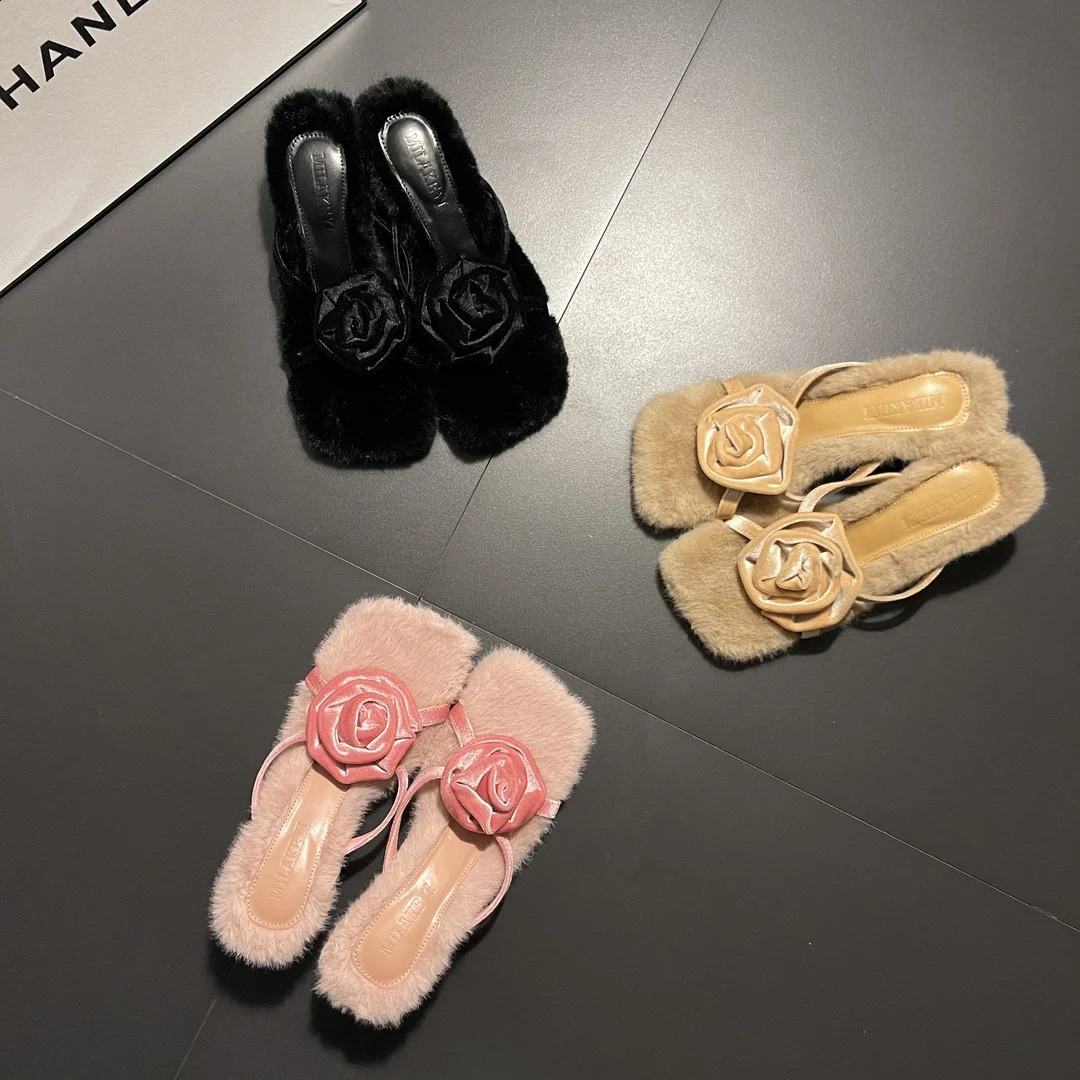 Slippers Plush Slippers Woman Winter Product Square Head Open Toe Sexy Thin Heel Rose Blossom Rabbit Hair High Heels 231219