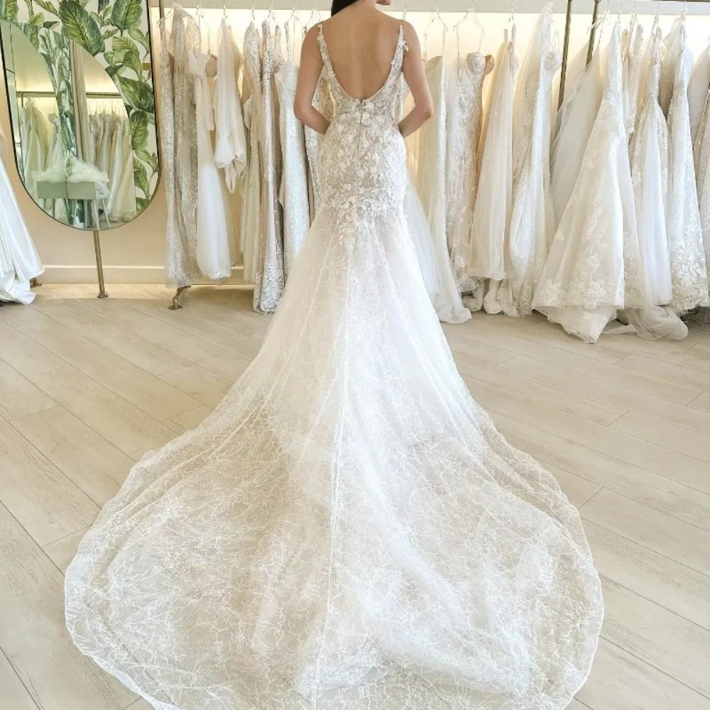 Stunningbride 2024 White Sexy Spaghetti Straps Back Zipper Mermaid Wedding Dress Gorgeous Appliques Lace Sleeveless Trumpet Bridal Gown