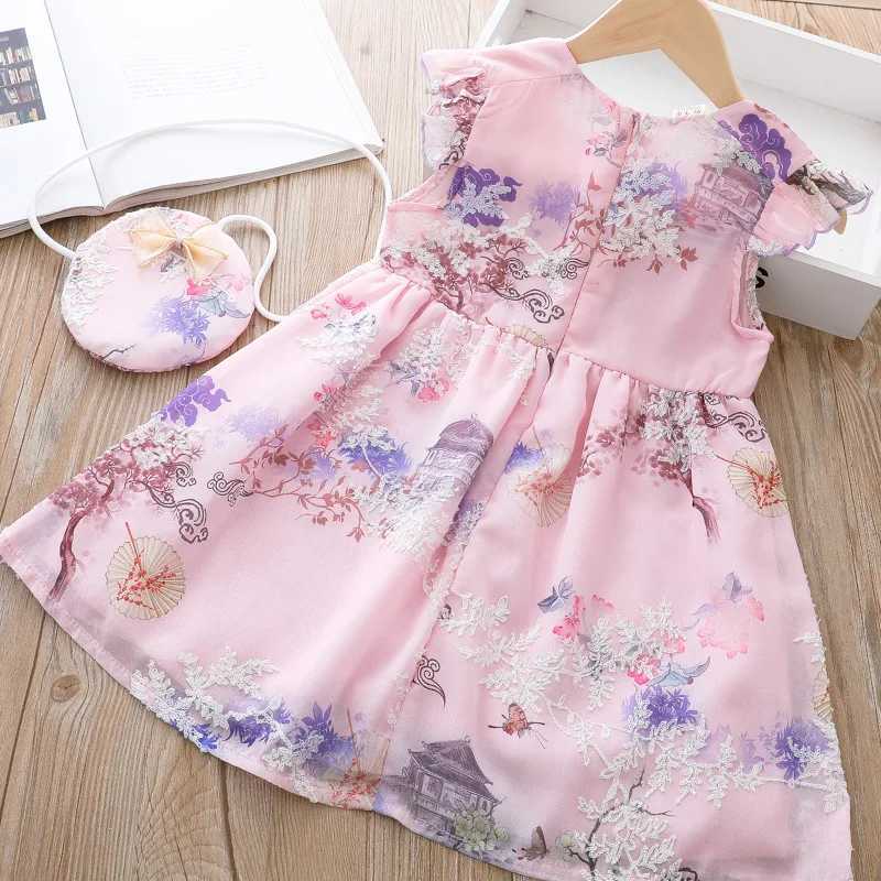 Girl's Dresses Short Sleeve Cotton Boutique Princess Cute Dress Chinese Cheongsam Princess Dress Baby Summer Girls Dress For kids Clothes + Bag