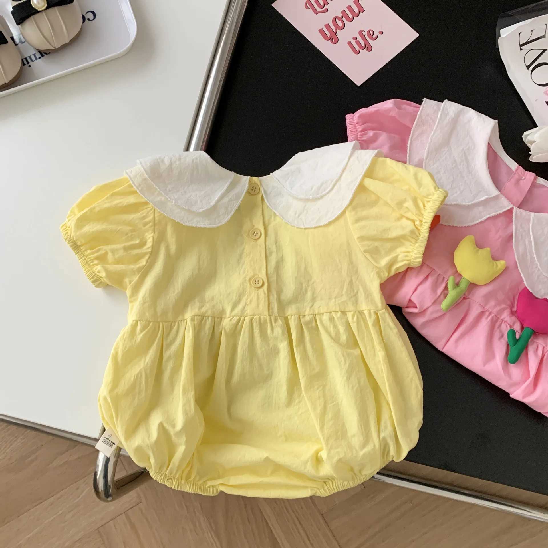 Vestidos da menina bebê flor macacão casaco 0-2 anos de idade verão bebê menina boneca colarinho vestido primeiro ano de idade