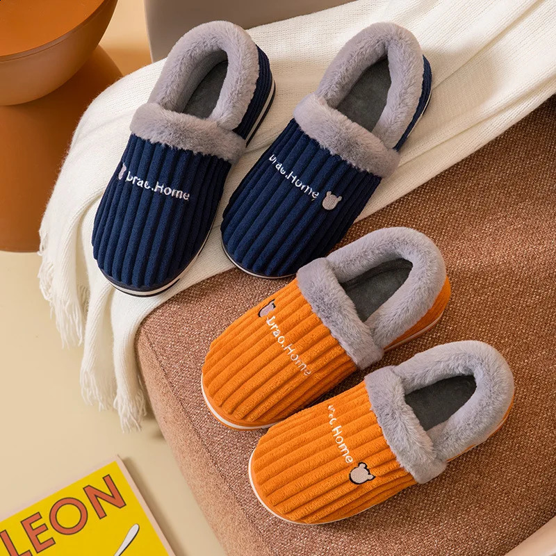 Slippers Winter Cover Heel Men's Slippers Couple Corduroy Plush Striped Rabbit Hair Indoor Outdoor Warm Cotton Shoes Cotton Slippers 231219