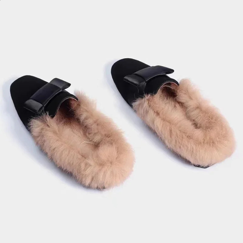 Frauen Winter Furry S Hausschuhe Kaninchen Haare komfortable warme Haus flache Ladungsstaaten bedeckte Zeh Slipper Casual Flats Schuhe HoUe Loafer Caual Schuh