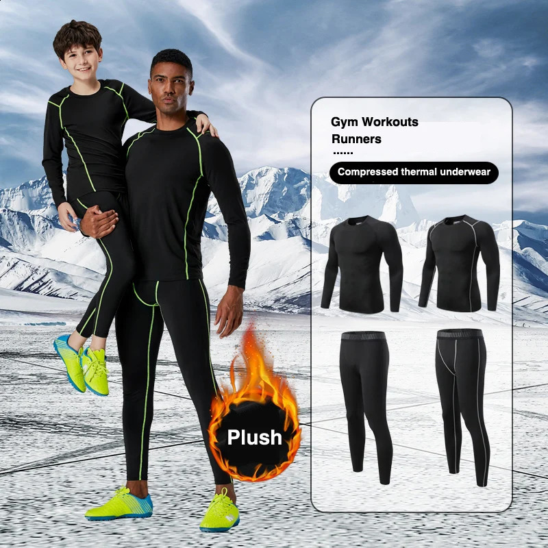 Skiing Base Layers Men's Sports Underwear Fleece Thermal Compression Tights Ski Base Layer Tracksuit Child Winter Thermal Underwear Running Set 231218