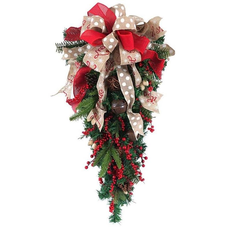 Adorno navideño, corona botín, cinta, cono de pino, montaje en puerta, corona botín en forma de lágrima, decoración de pared colgante para exteriores, 340G