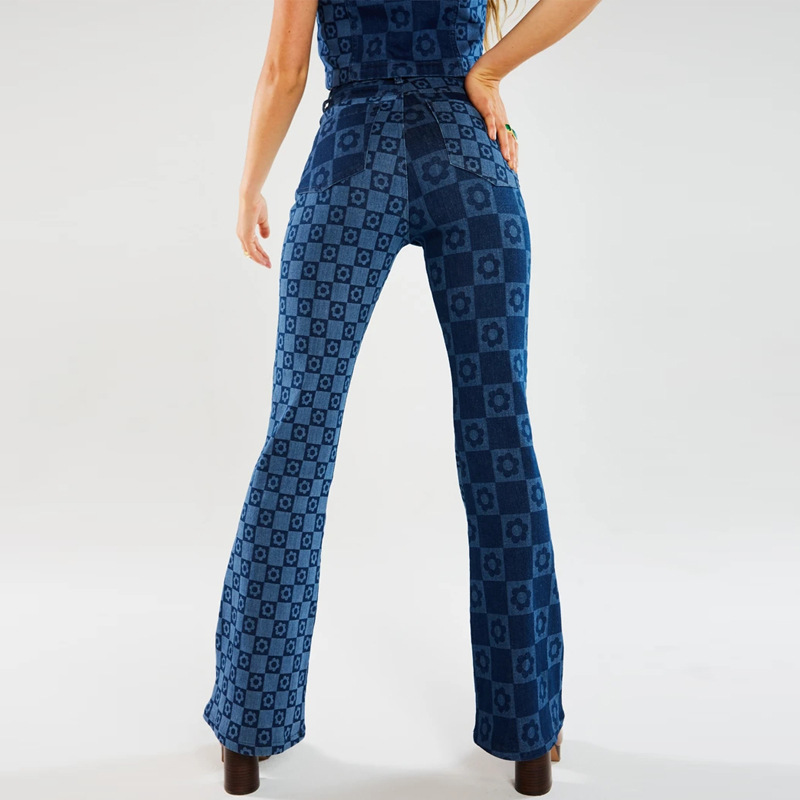 Mulheres flare jeans calças casuais colisão imprime magro cintura alta alta elástica ajuste feminino de alta qualidade