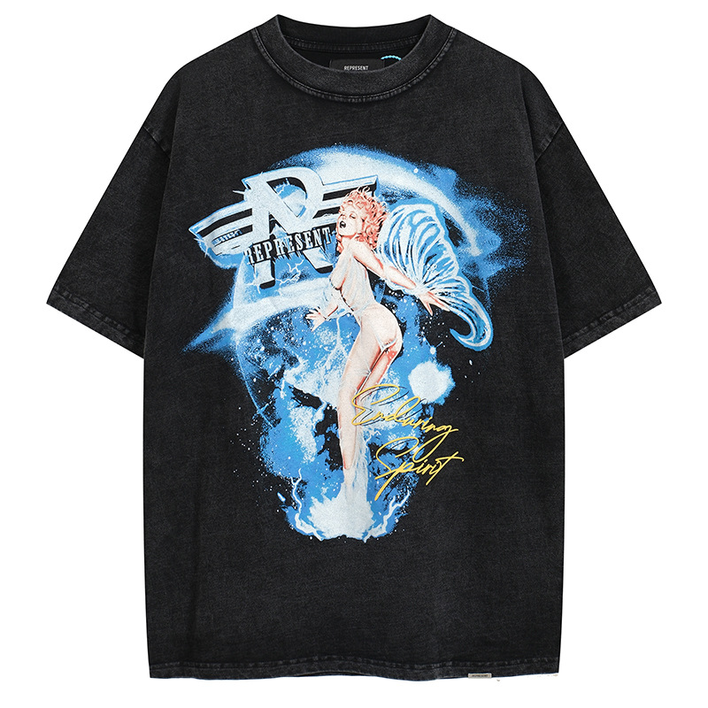 Tシャツハイストリート古いコットンヒップホップウォッシュショートスリーブティーカジュアルファッションプリントTシャツルーズ男性