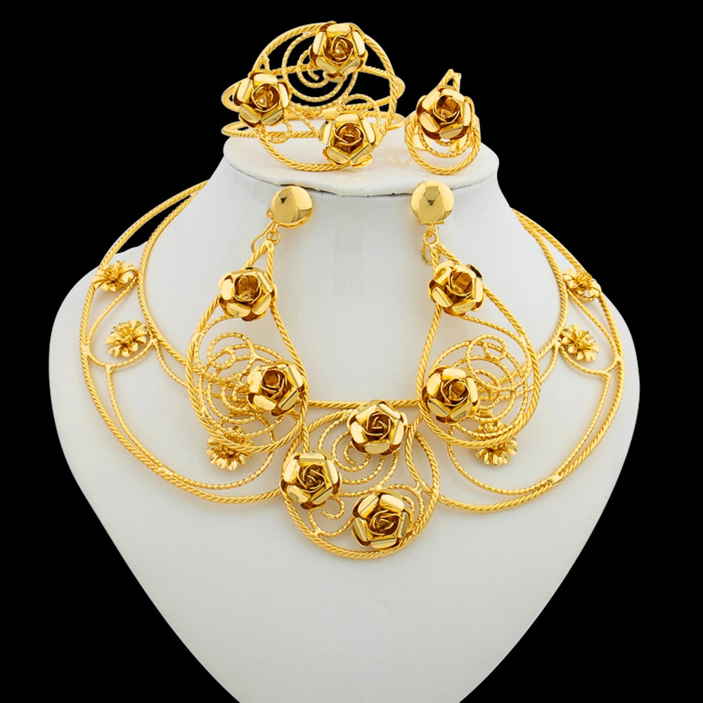 Set di gioielli da sposa Set di matrimoni brasiliani donne Collana in oro 18 carati e orecchini a cerchio Regali di gioielli placcati africani Dubai 231219