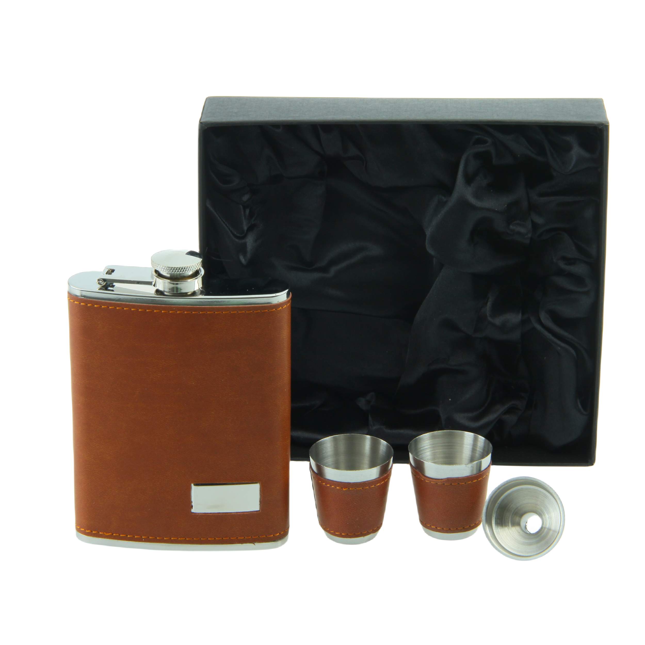 8 oz leather wrapped hip flask with 2 cups and funnel in gift box packing, Food degree , logo free engraved