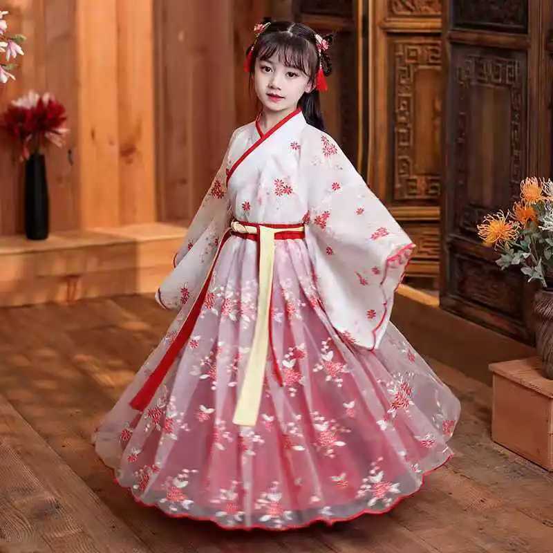 Flickans klänningar Nya Hanfu Girls Spring and Autumn Children's Costume Dress 3-12 år Girl Cherry Blossom Princess Dress Chinese Style Child Child