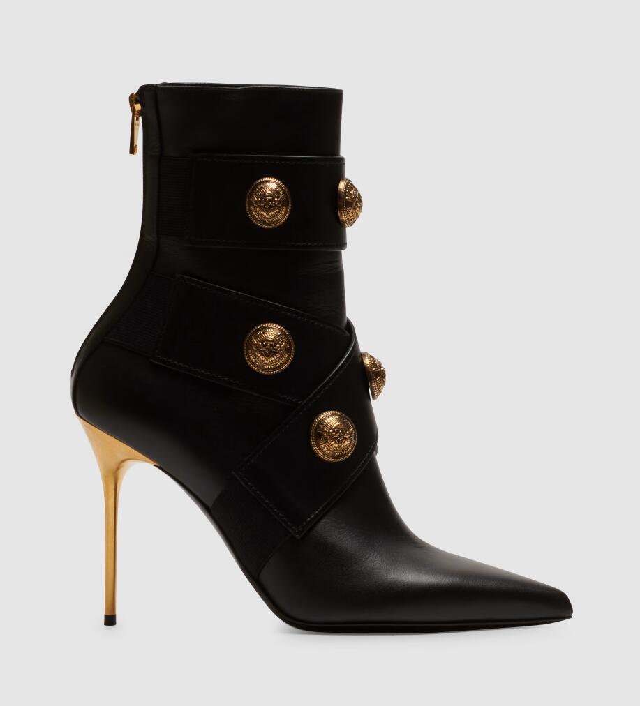 Top Winter Luxury Bal Alma Roni Ankle Boots Metal Stiletto Heels Black Calf Leather Pointed Toe Gold Buttons Booties Lady Party Dress Elegant Walking EU35-43