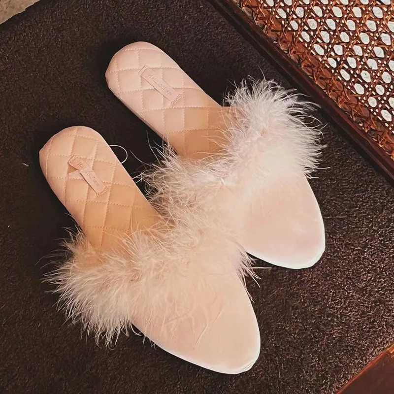 Slippers European and American women's indoor home anti-skid rabbit hair satin slippers 49 231219