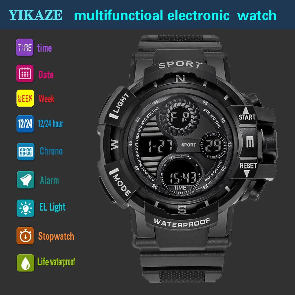 YIKAZE Zwart digitaal horloge voor heren Sporthorloges Waterdicht Outdoor Chronograaf Handklok G Infanterie Shock Studentenhorloge 231219