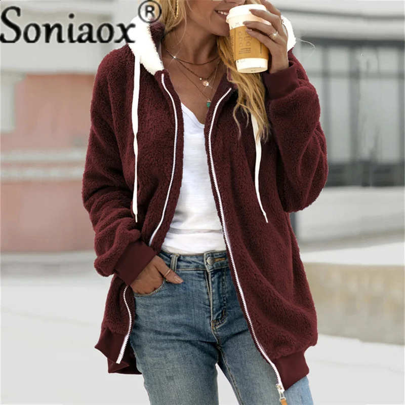 Sudaderas con capucha para mujer Sudaderas Otoño Invierno Mujer Abrigo de felpa Moda Chaquetas con cremallera con capucha Casual de gran tamaño Color sólido Piel sintética Cálida Chaqueta Parka para mujer 231218