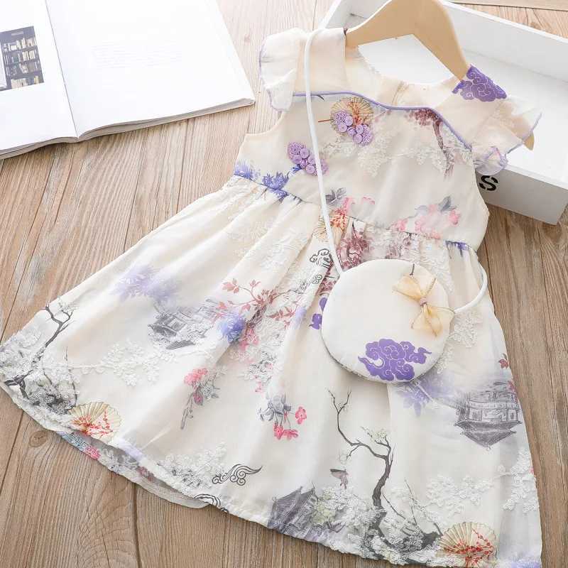 Robes de fille à manches courtes coton Boutique princesse robe mignonne chinois Cheongsam princesse robe bébé été filles robe pour enfants vêtements + sac