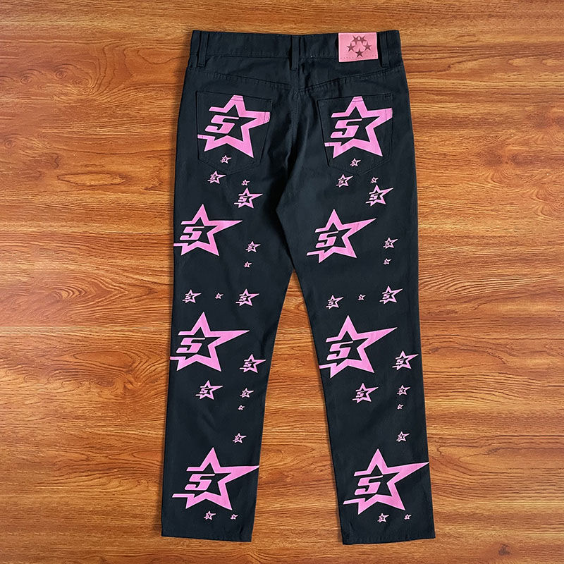 Sp5der All Over 5 Star Giacca e pantaloni in denim nero con stampa di rose Giacche slim con toppe dipinte Cappotti capispalla Set di pantaloni sportivi in denim Felpe con zip intera Tuta