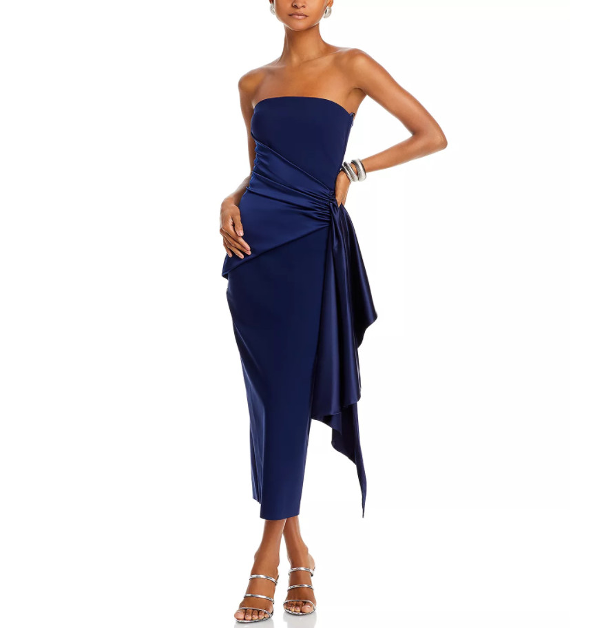 Elegant Short Navy Blue Crepe Prom -klänningar med ruffles mantel veckad stropplös över ankellängd Party Dress Maxi Formella aftonklänningar för kvinnor