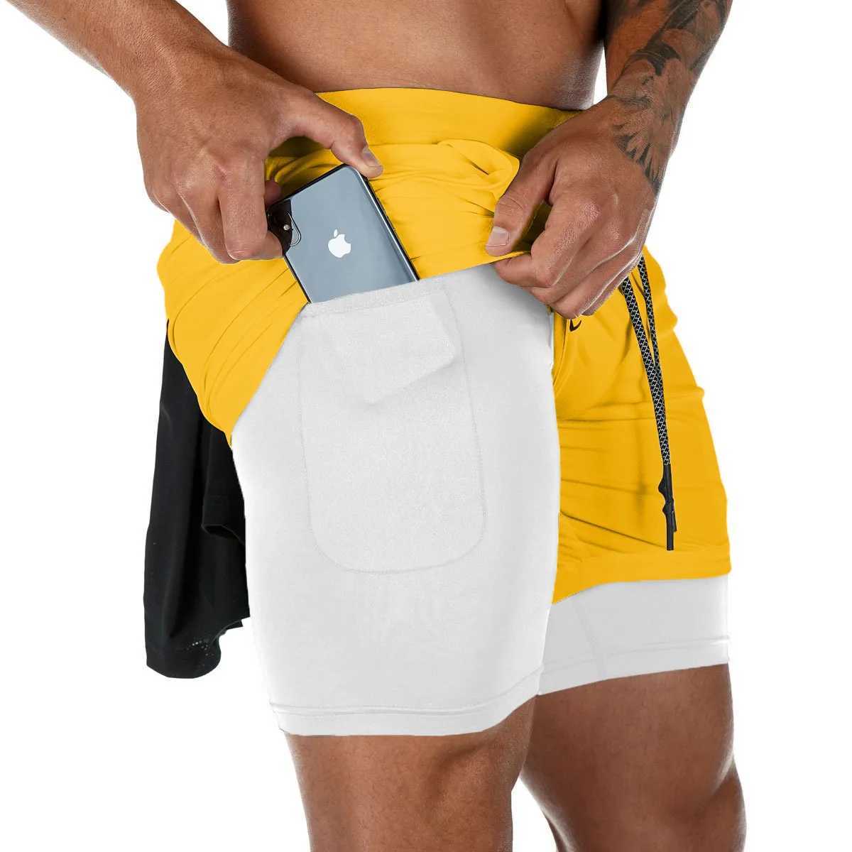 Shorts pour hommes Short de Fitness Double couche pour hommes cordon de serrage doublure en maille taille élastique respirant séchage rapide à la plage piscine été MaleL1218