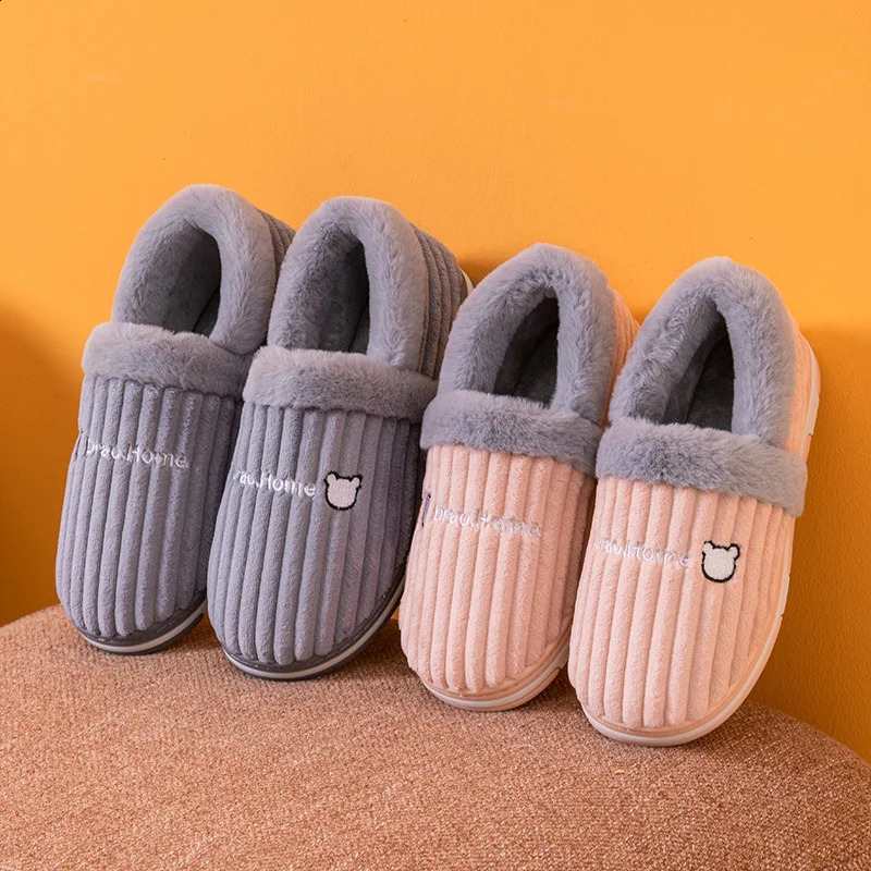 Slippers Winter Cover Heel Men's Slippers Couple Corduroy Plush Striped Rabbit Hair Indoor Outdoor Warm Cotton Shoes Cotton Slippers 231219