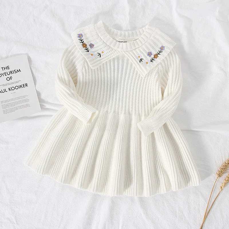 Flickans klänningar 2022 Baby Girl Winter Party Dress Long Sleeve Fashion Flower Brodery Sticked Dress Toddler Girl Sweater Dress Kids Girl