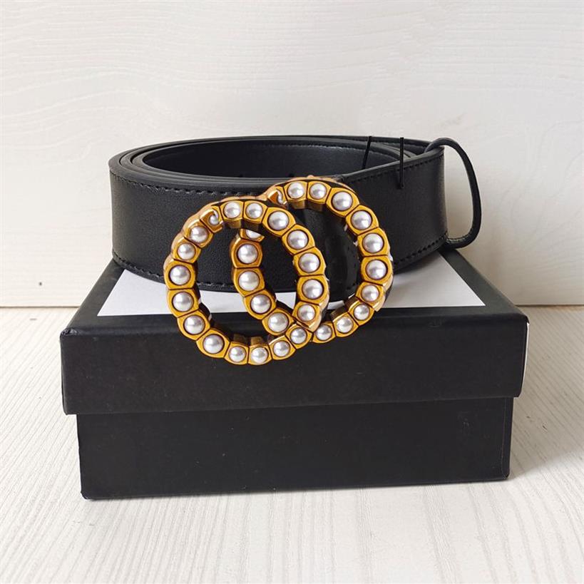 Cinturón de moda Diseñador mujeres Hombres cinturones cuero genuino Perlas y diamantes Hebilla grande Correa femenina Faja color negro 3 4 3 8 cm widt342u