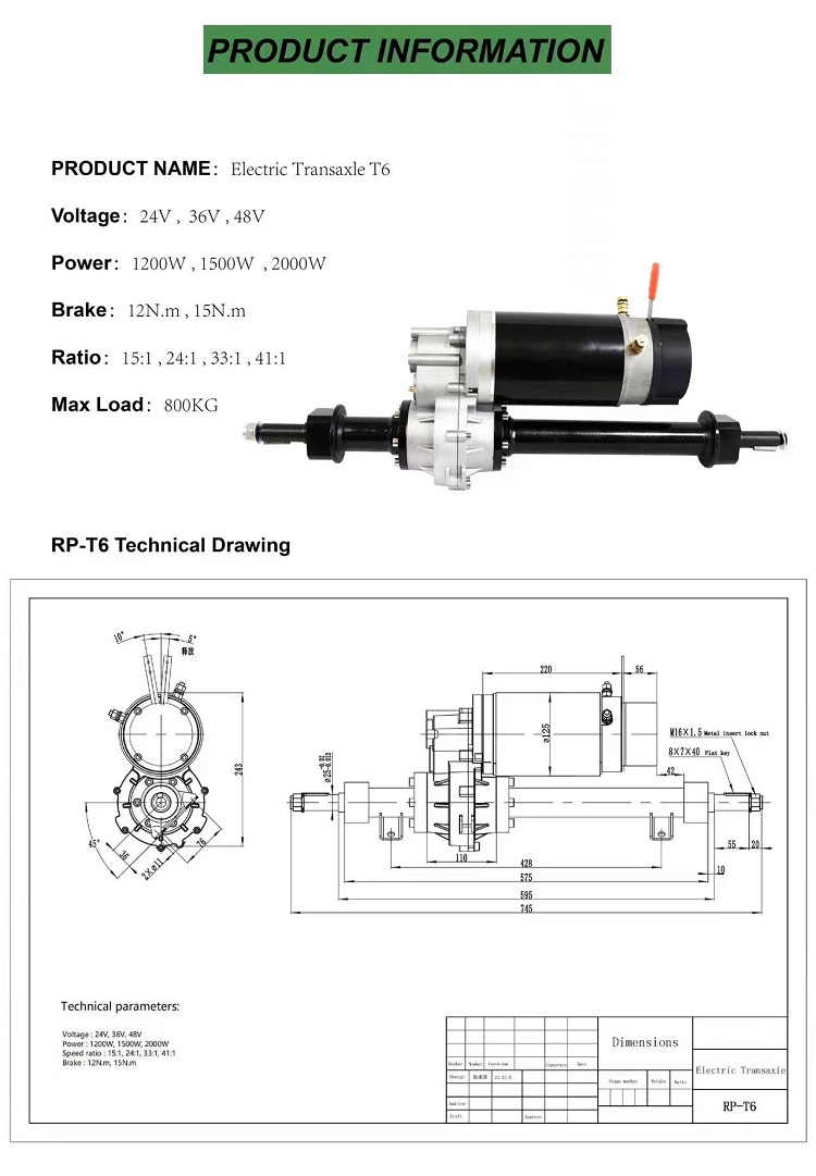 1200 W 36V szczotkowana osi napędu DC Zespół tylnej osi TRANSAXLE TRANSSLE