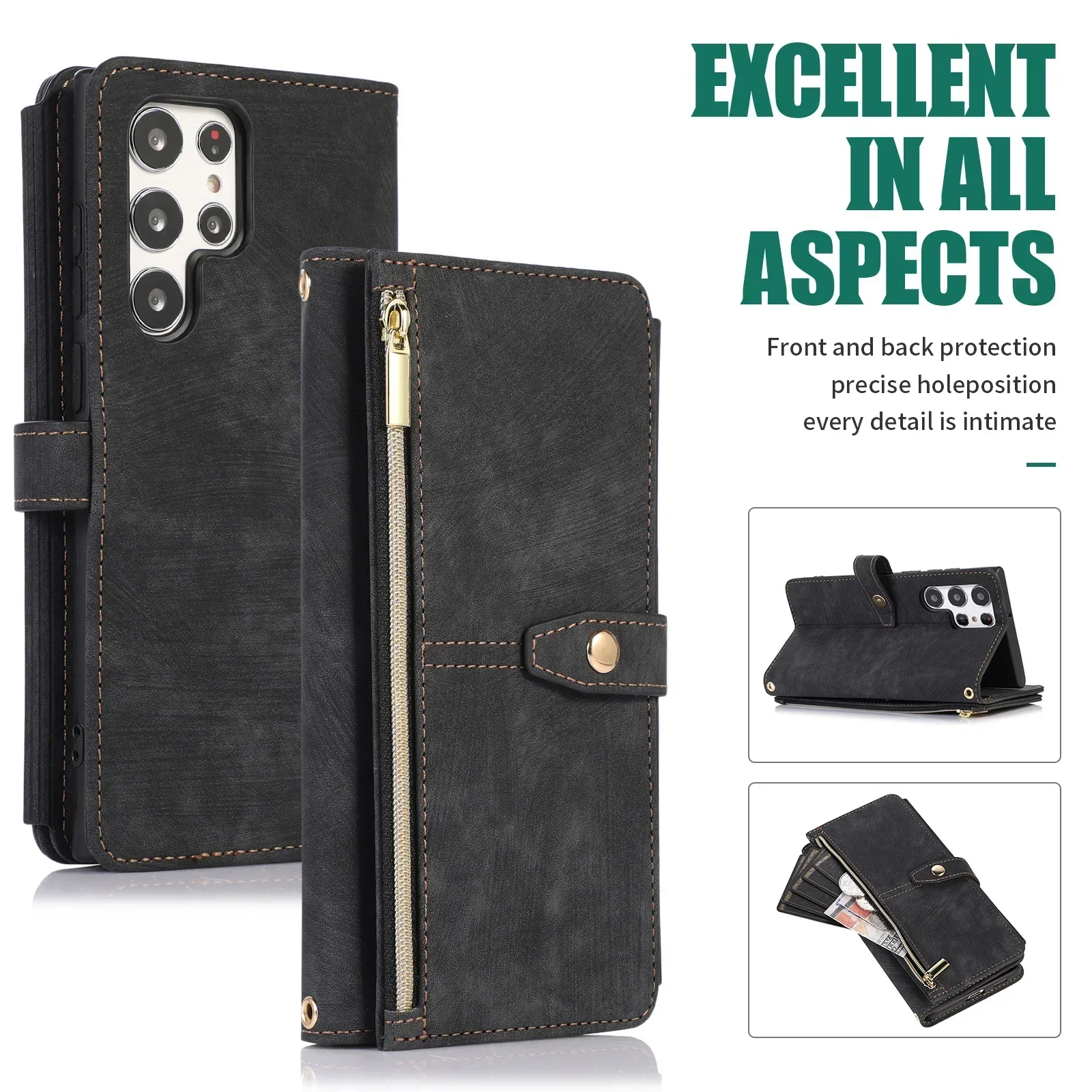 Capa de telefone carteira crossbody para Samsung Galaxy S23 S22 Ultra S21 Plus S20 FE A14 A34 A54 A33 A53 5G Mulit Cartões Titular Cordão Zíper Capa Kickstand de Couro