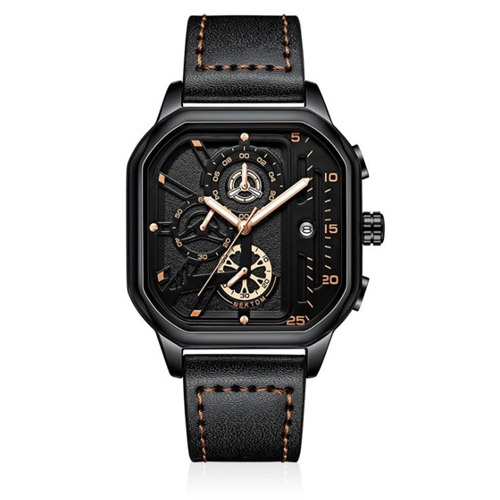 Cool Black NEKTOM Brand Hollow Out Relojes para hombre Reloj de cuarzo preciso Correa de cuero Reloj de pulsera con esfera cuadrada luminosa 227l