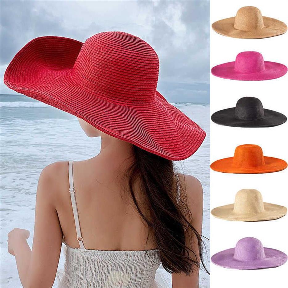Beanie Skull Caps Women 15cm Stor randen Sun Hat Summer Wide Brim Straw Hat Female Outdoor Vacation Roll Upf50 överdimensionerad vikning263h