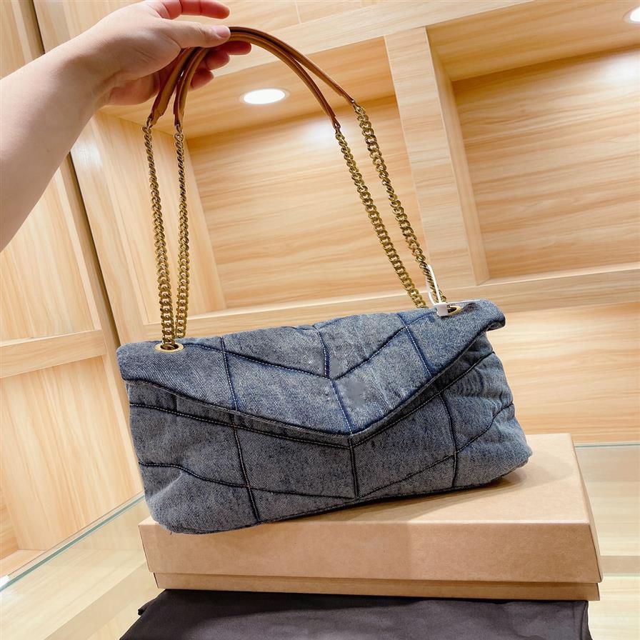 New Blue Suede Shoulder Bag Top Layer Cowhide Chain Rectangular Double Strap V Line Messenger Letter Buckle Ladies Fashion 208a