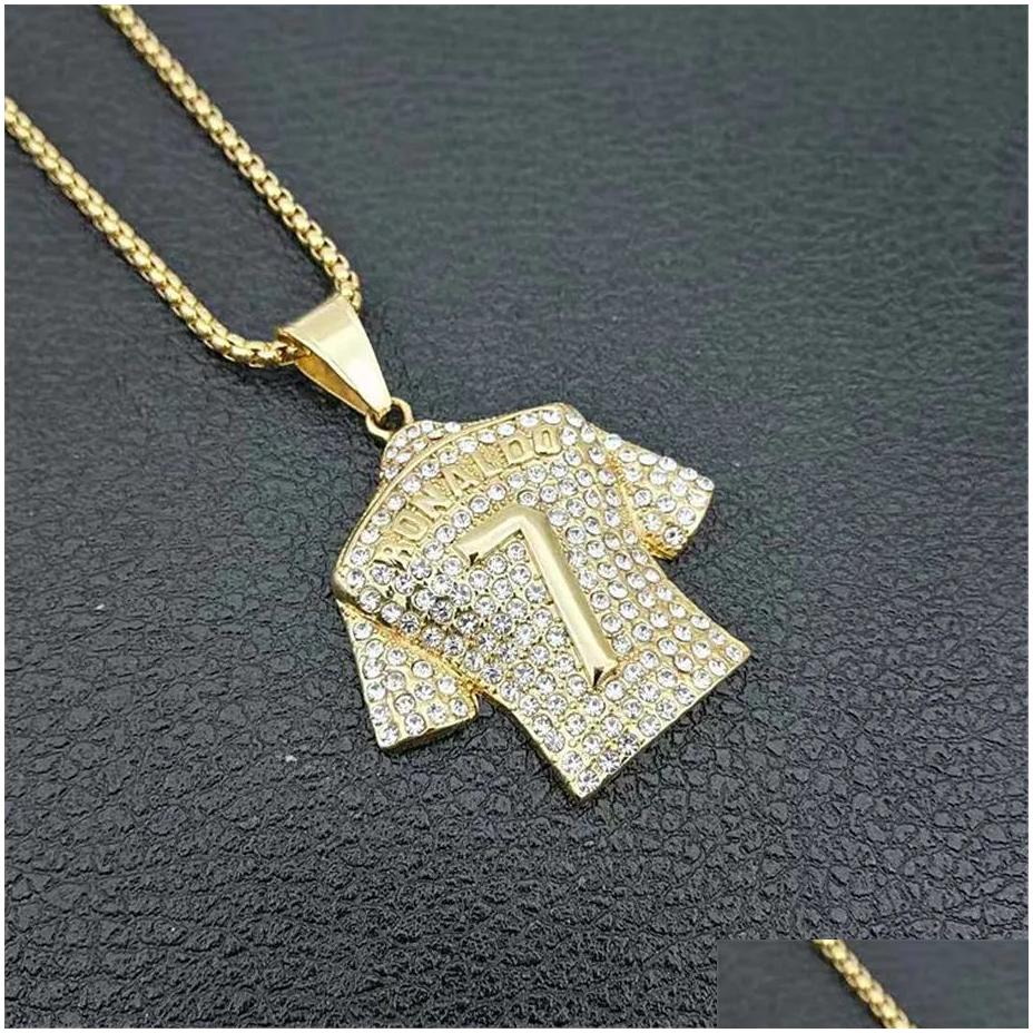 Pendant Necklaces Mens Necklace Football 7 Pendant With 14K Yellow Gold Chain And Iced Out Bling Rhinestones Hip Hop Sports Jewelry Dr Dherv