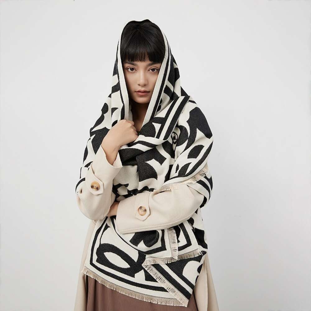 Women's Imitation Cashmere Scarf, Black and White Camellia Flower Thickened Air Conditioning Shawl, Warm Scarf