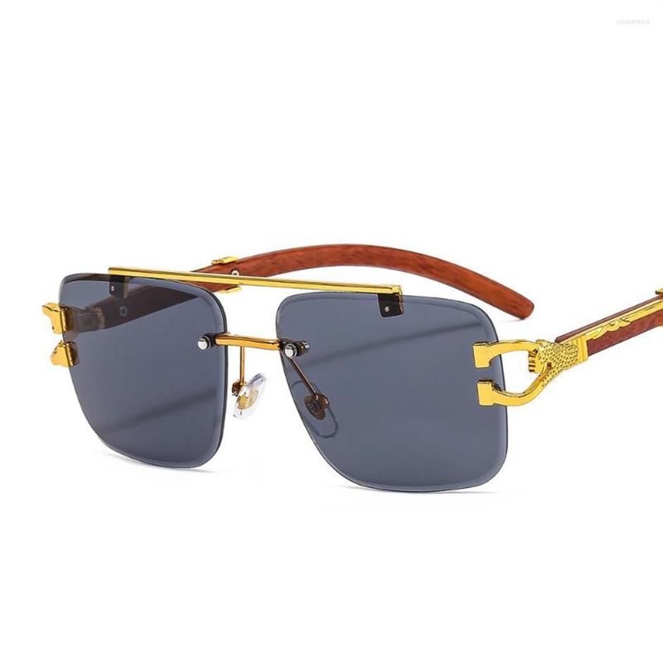 Óculos de sol Grão de madeira sem aro quadrado mulheres designer ouro leão decoração óculos de sol homens tons uv400 gafas268z