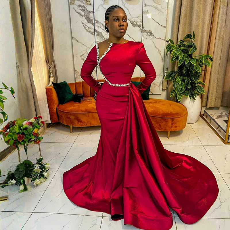 Красные элегантные вечерние платья для особых случаев, платья для выпускного вечера для чернокожих женщин, с открытой спиной и длинными рукавами, сексуальные платья для дня рождения с высоким разрезом, простые платья NL058