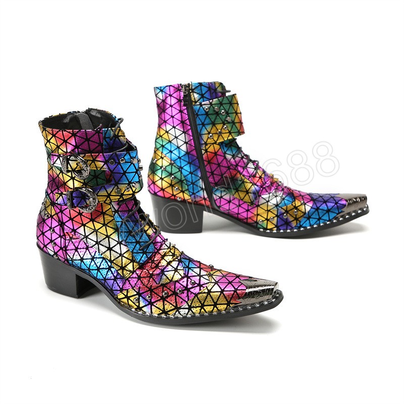 Gürtelschnalle High Heels Stiefeletten für Männer Mischfarben Metallkappe Echtes Leder Herrenstiefel Nietenstiefel Herrenschuh