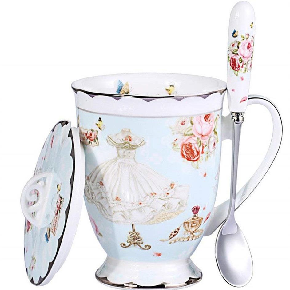 Ensemble tasse à thé, couvercle et cuillère, tasse à café en porcelaine fine Royal, 11oz, tasses à thé bleu clair, cadeau pour femmes, coffret cadeau pour maman, 313p