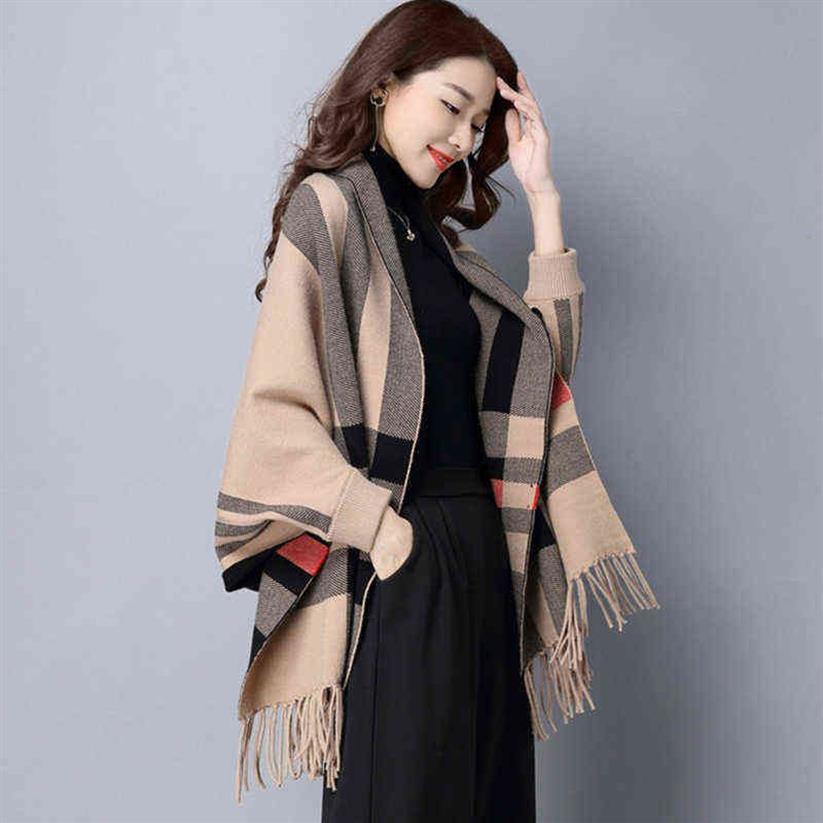 ZJZLL Mode Longue Frange Multicolore Hiver Chaud Châle Et Wrap avec Manches Plaid Tricoté Pashmina Rayé Cape Pull Poncho Y304R