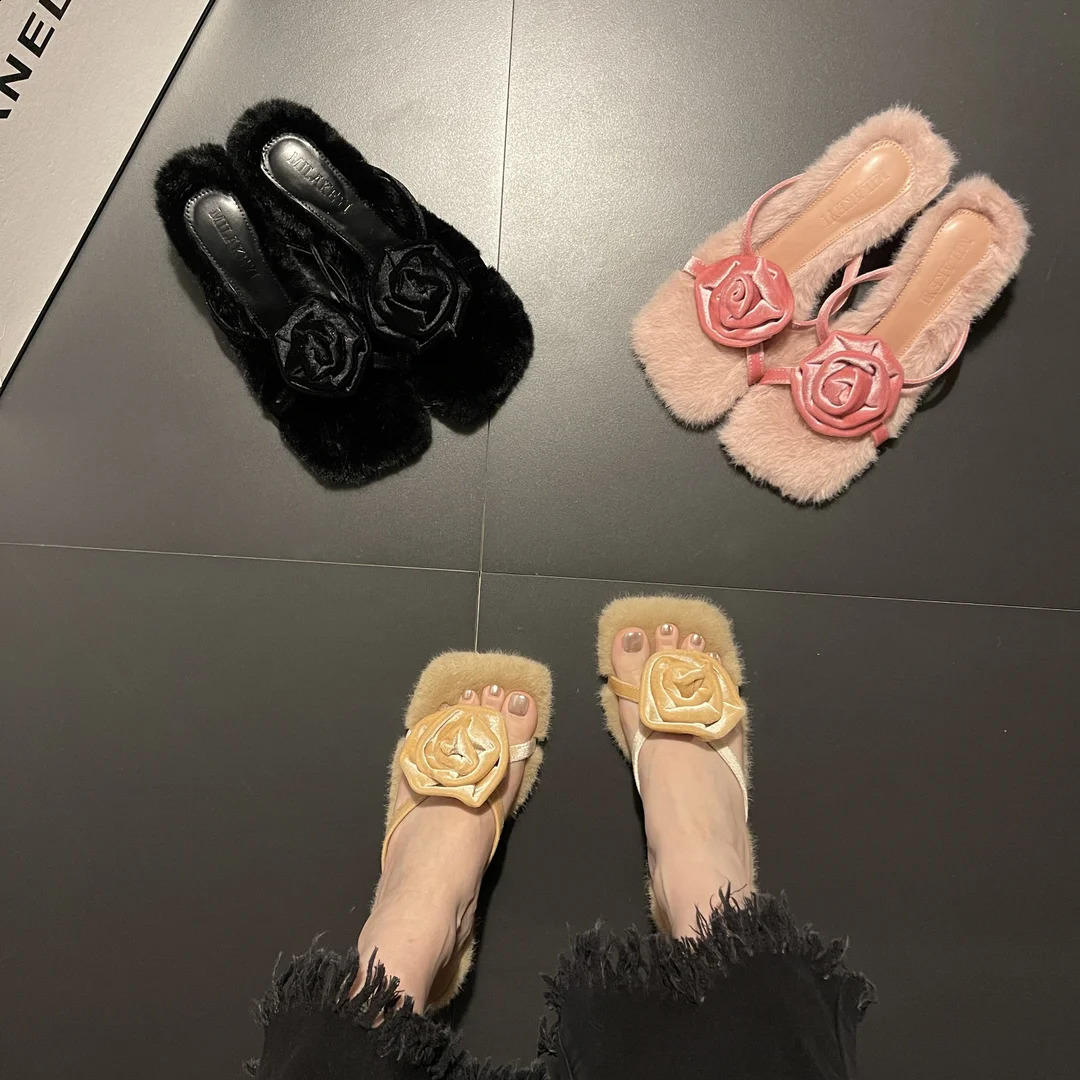 Slippers Plush Slippers Woman Winter Product Square Head Open Toe Sexy Thin Heel Rose Blossom Rabbit Hair High Heels 231219