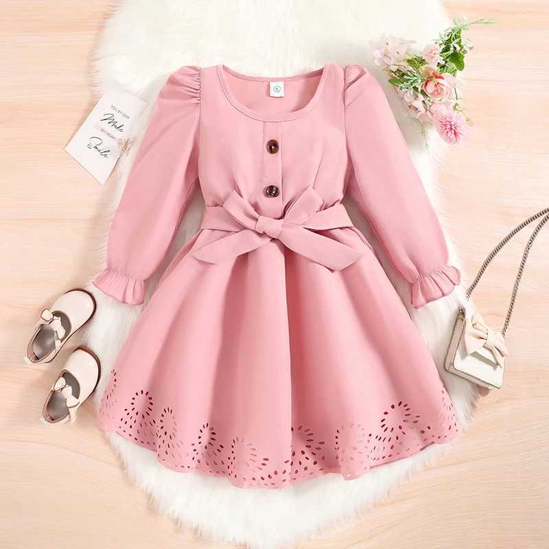 Girl's Dresses Autumn New Dress Kids Girls 4-7 Years Little Girl's Long-Sleeved Dress With Pink Hemline Burned Flower Elegant Princess Dress