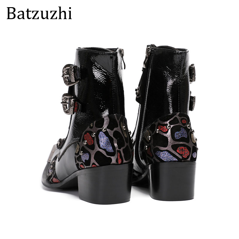 Batzuzhi bottes occidentales hommes bout pointu noir en cuir véritable bottines hommes Zip mode 6CM talons moto, bottes de fête hommes
