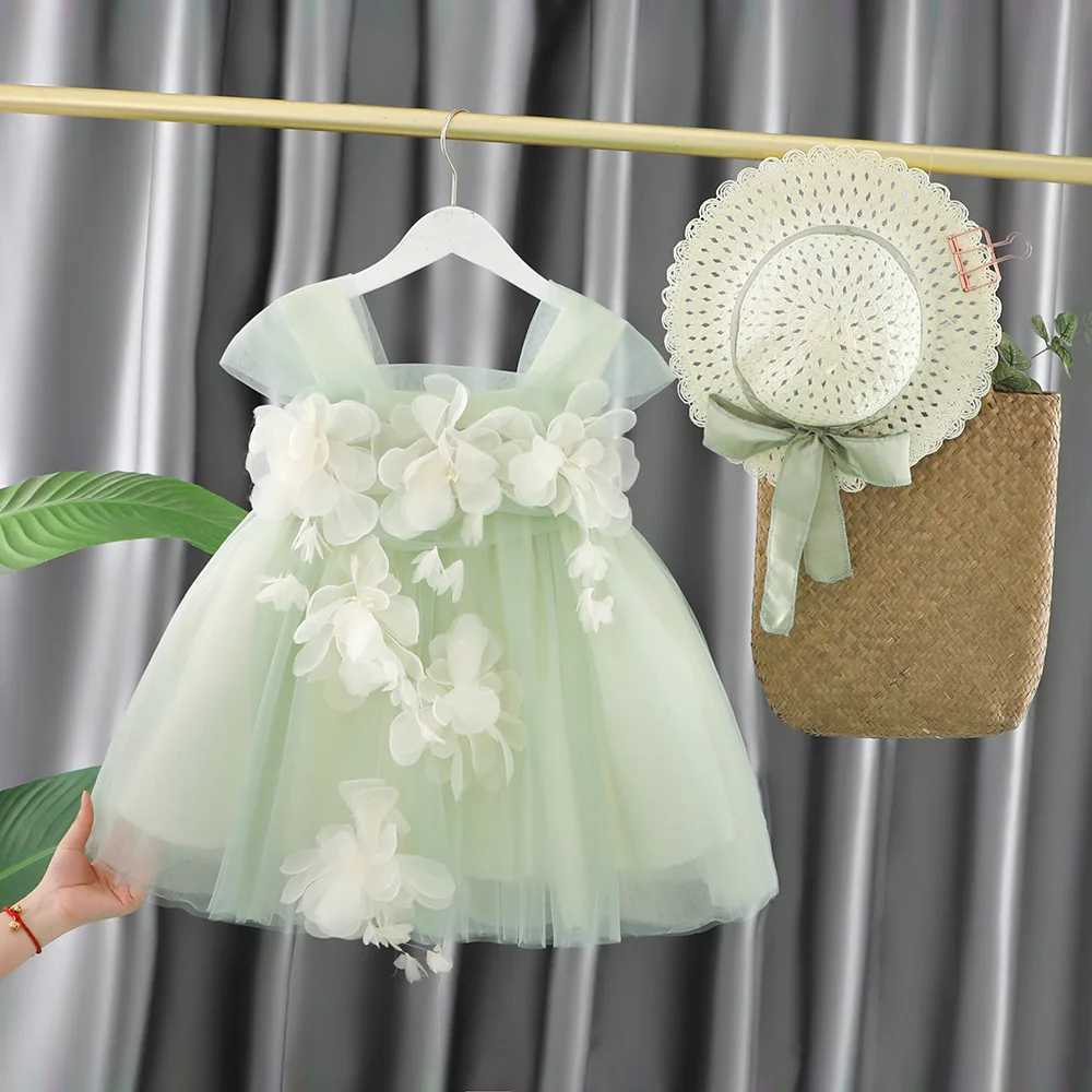 Vestidos da menina criança meninas moda vestido chapéu verde 0-5years verão menina vestido crianças flor desgaste vestido de princesa para meninas crianças roupas