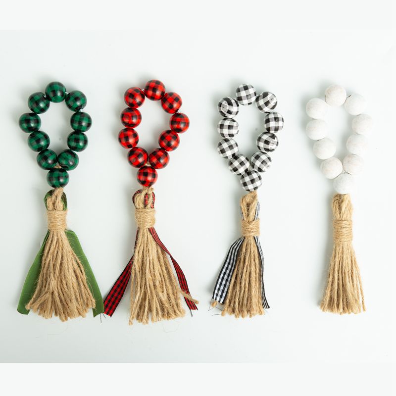 Natural Wooden Beads Napkin Rings With Tassels Pastoral Style Plaid Bead Tassel Napkin Buckles Dinner Table Decorations Q838