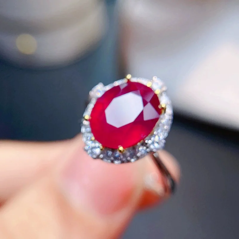 Elegant Ruby Ring for Wedding 8mmx10mm 3ct Natural Heated Ruby Engagement Ring 925 Silver with 3 Layers Gold Plating