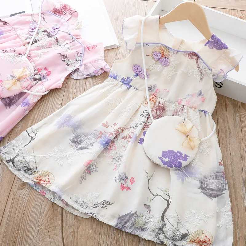 Robes de fille à manches courtes coton Boutique princesse robe mignonne chinois Cheongsam princesse robe bébé été filles robe pour enfants vêtements + sac