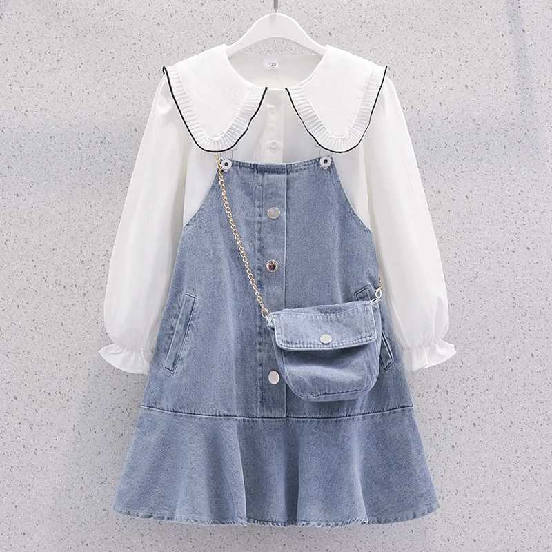 Girl's Dresses Kids Sets for Girls Outfits Preppy White Shirt Denim Dress School Uniform Children Costumes Baby Clothes 4 6 7 8 9 10 12 Years